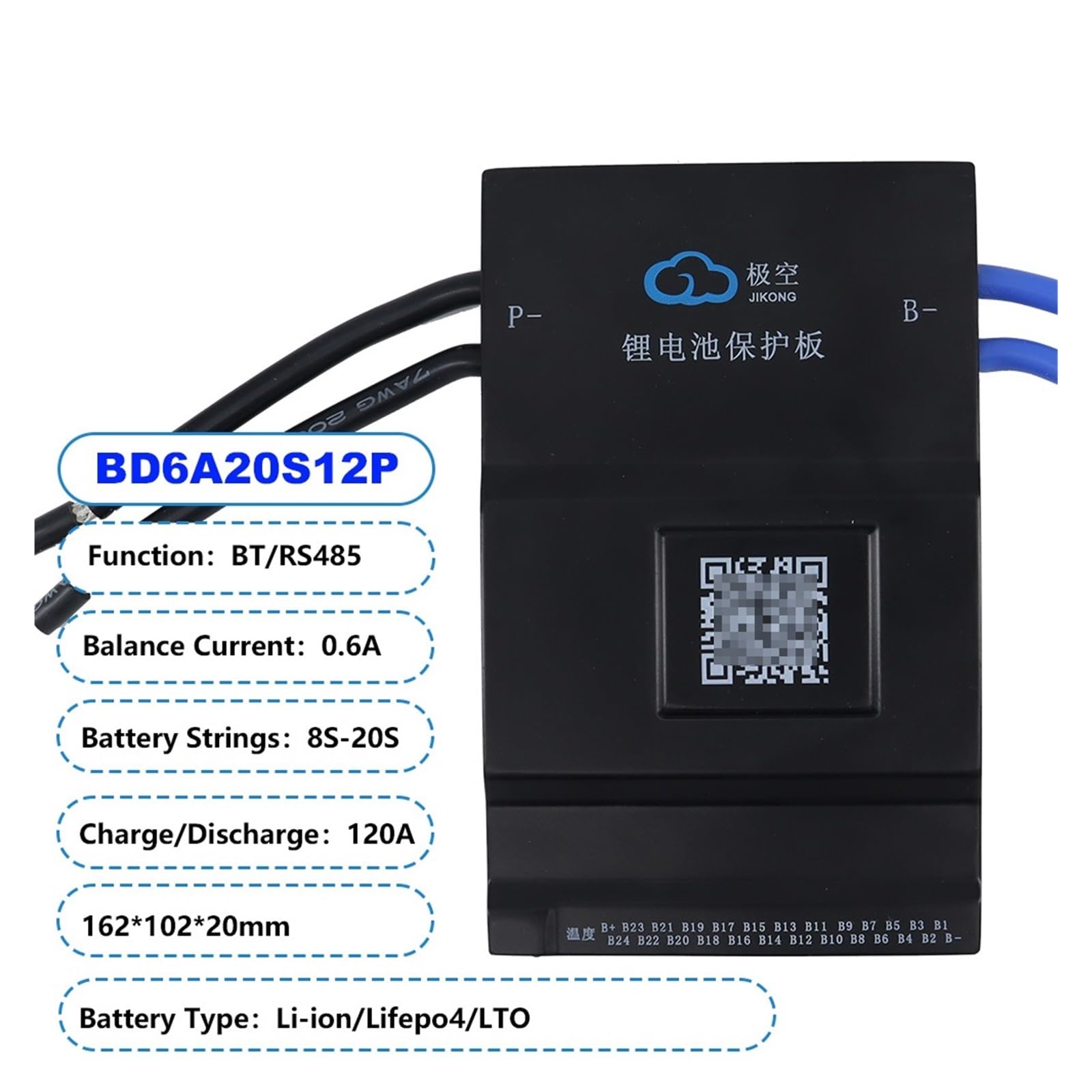 JK BMS 0,6 A 1 A 2 A Corrente di bilanciamento Attivo 100 A 200 A Carica Batteria al Litio 7S ~ 24S LiFePo4 Sistema di Gestione BMS Intelligente(BD6A20S12P)