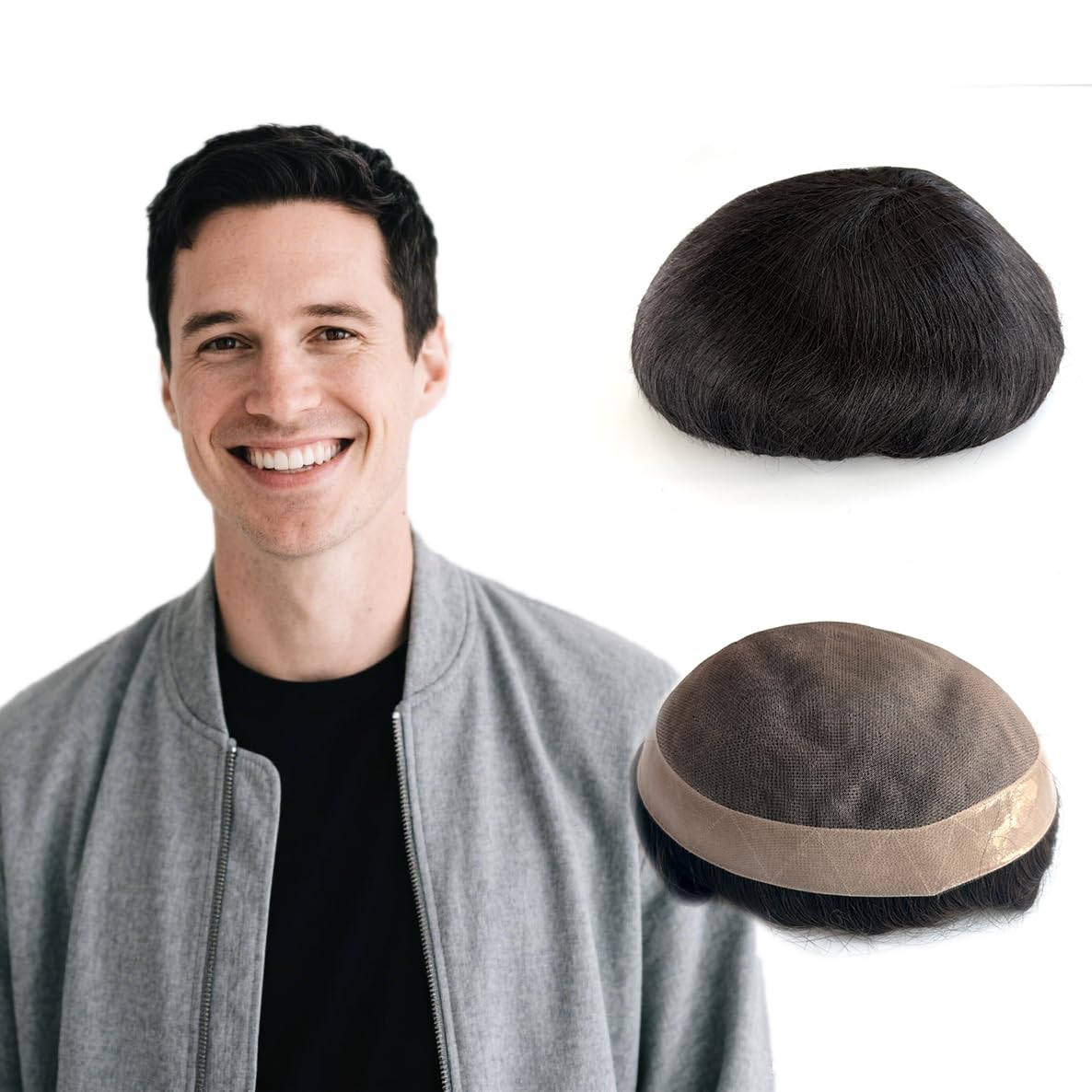 Hywel Toupee for Men with 100% Human Hair, Mono Top with Poly Coating Around Cap Mens Wig, Straight Wave Hair Pieces Replacement for Men System Off
