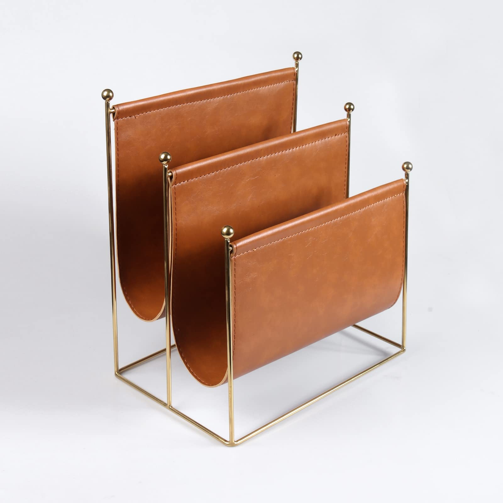 Portariviste in filo metallico placcato e pelle artificiale, rack a 2 scomparti per riviste, libri, giornali, decorazione domestica
