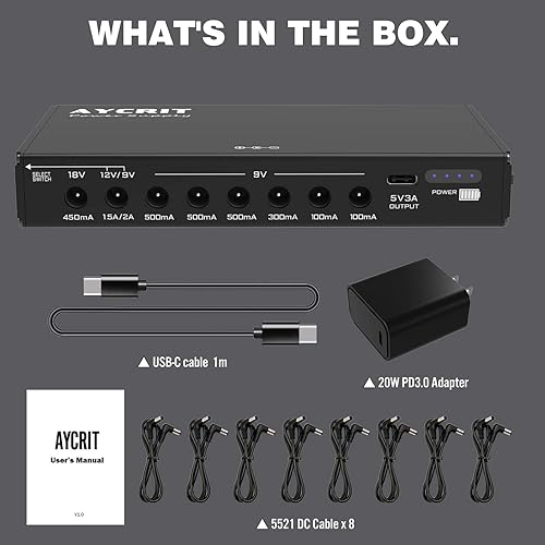 Miniatura 8 de [Nueva versión] Fuente de alimentación de pedal de guitarra AYCRIT recargable, 12800 mAh, 9 salidas 9V2A/12V1.5A/18V450mA y puerto 5V2A tipo C para