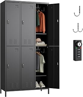 Aobabo Combination Lock Metal Storage Locker for Employees, 6 Doors Lockable Storage Locker with 18 Hooks for Office Gym School, Black, Assembly Required