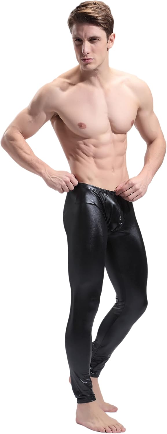 BaronHong Men's Faux Leather Tight Pants Man Night Club Metallic Leggings Long Trousers