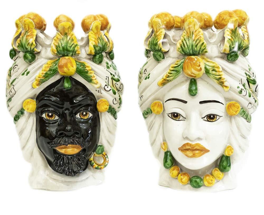 Coppia teste di moro Caltagirone giallo in ceramica siciliana vaso grande H 30 cm