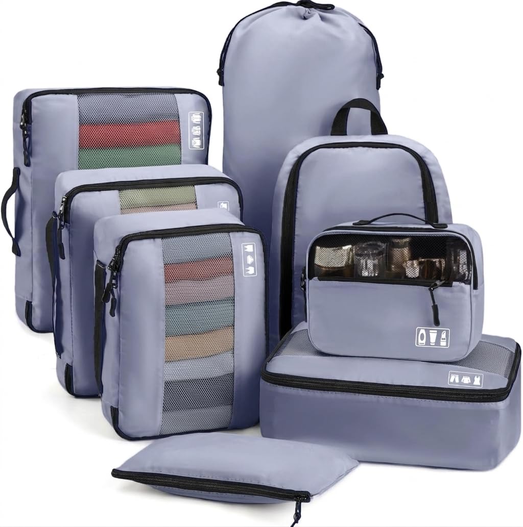 MURISE Koffer Organizer 8 Stück, Packing Cubes für Urlaub und Reisen, Packwürfel Packtaschen für Koffer, mit Schuhtasche Kosmetiktasche, Ordnungssystem, Travel Essentials, Grau Fashion