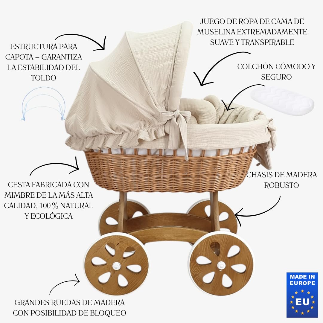 Wiklinopol Moisés de Mimbre para Bebé con Soporte de Madera y Ruedas Annabell – Cuna con Colchón y Ropa de Cama 5 Piezas Muselina Beige – Cochecito Natural para Recién Nacido