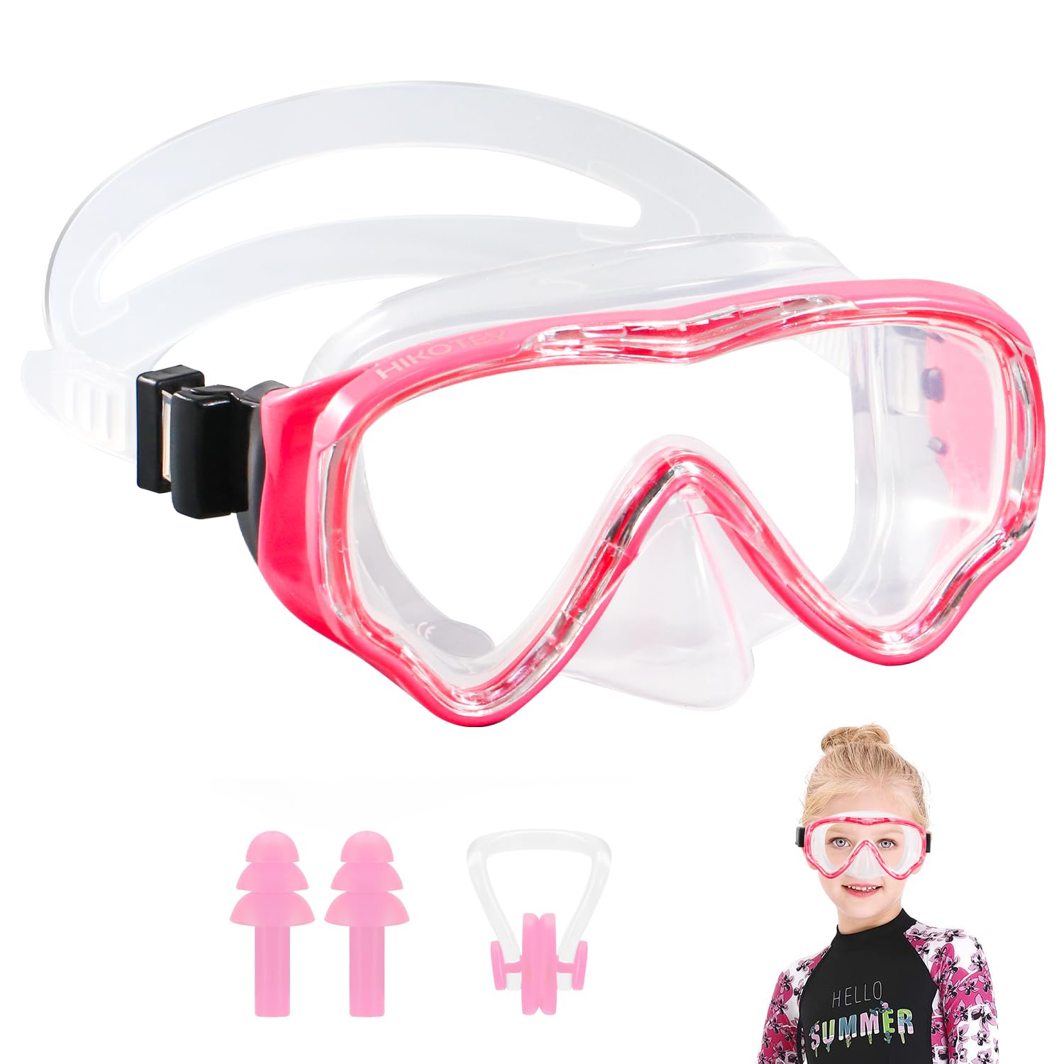 HIKOTEY Snorkel Mask for Kids(4-16 Years),180°Panoramic View Diving Mask With Tempered Glass Lenses,Anti-fog, Anti-leak Technology,Adjustable Silicone Strap,Includes Earplugs and Nose Clip (Pink)