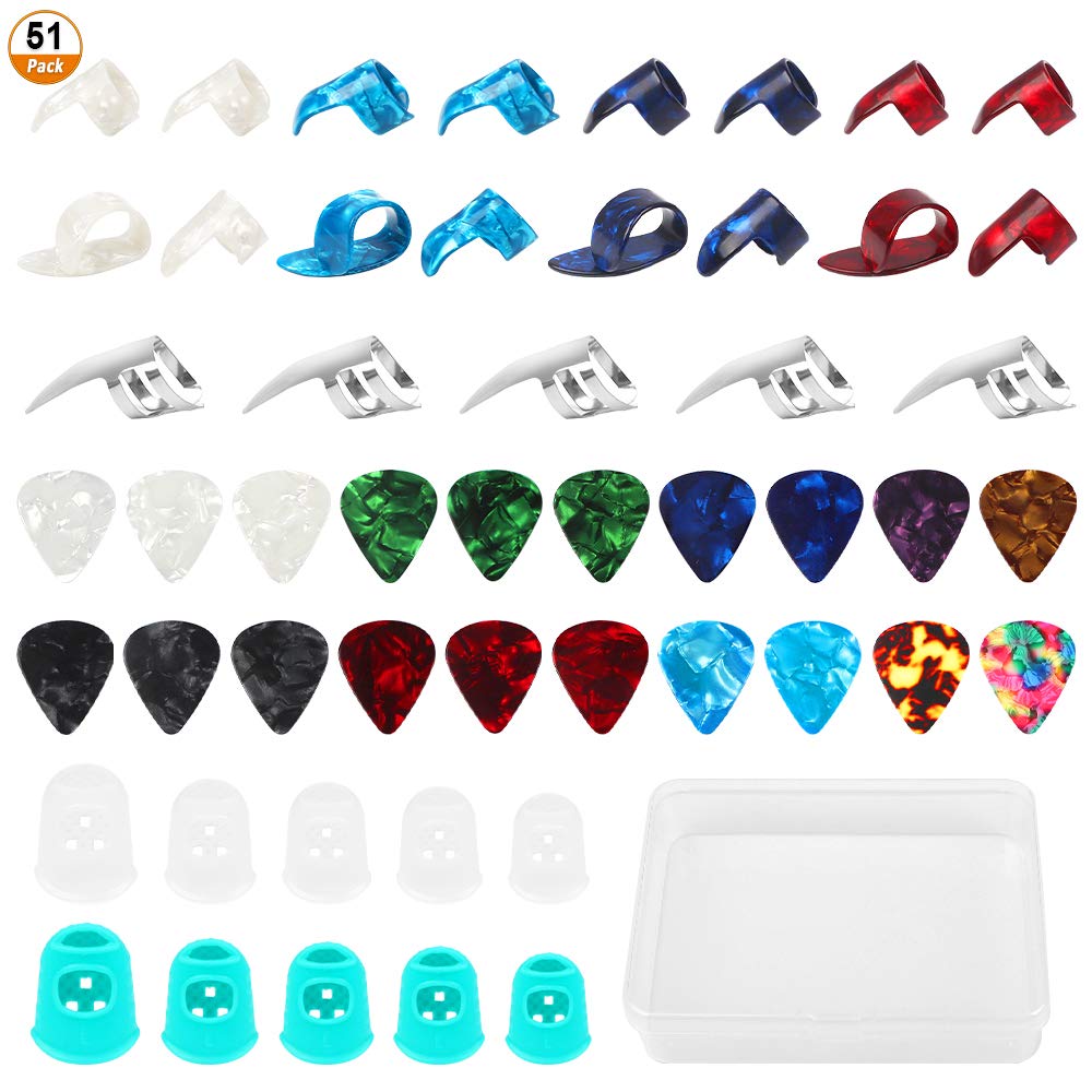 52 PCS Guitar Finger and Thumb Picks - Metal Protectors and Accessories Kit With Storage Box for Electric, Acoustic, Classic, Bass, Banjo, Ukulele