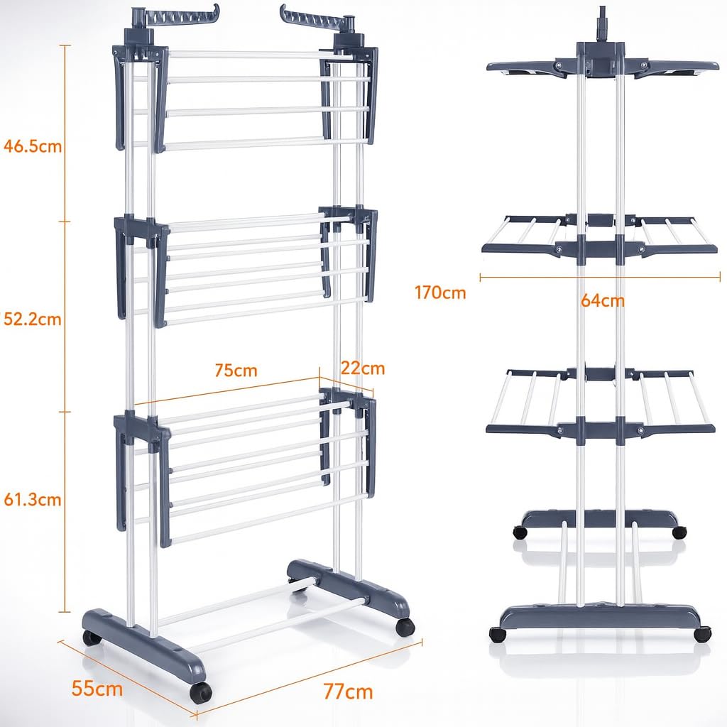 T-LOVENDO.ES Tendedero Vertical Plegable De Alta Capacidad de Ropa - 4 Niveles con Barras de Acero Inoxidable con Dos Alas Laterales Amplio Espacio para Secar. Ruedas Incluidas. Gris.