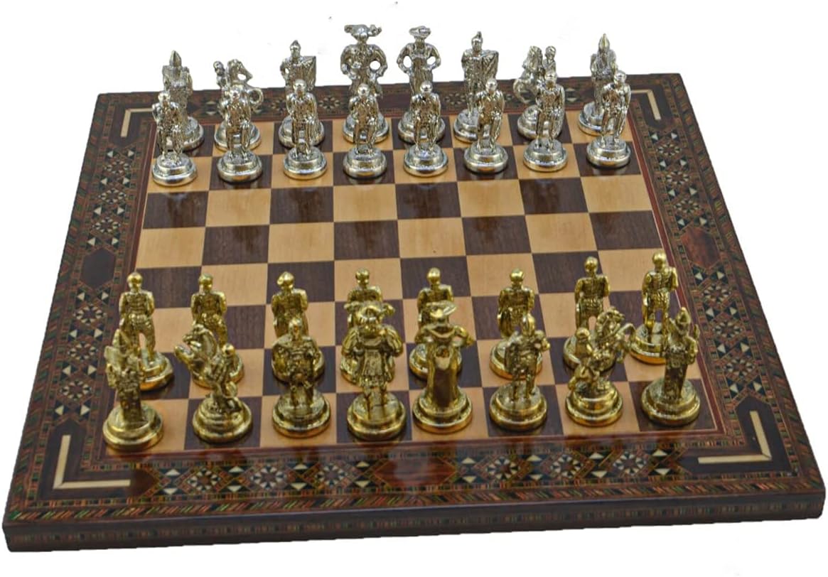 Historical Spanish Royal Guards Figures Metal Chess Set for Adult,Handmade Cool Pieces and Medium Size Natural Solid Wooden Chessboard with Pearl Design Around Board (Walnut)