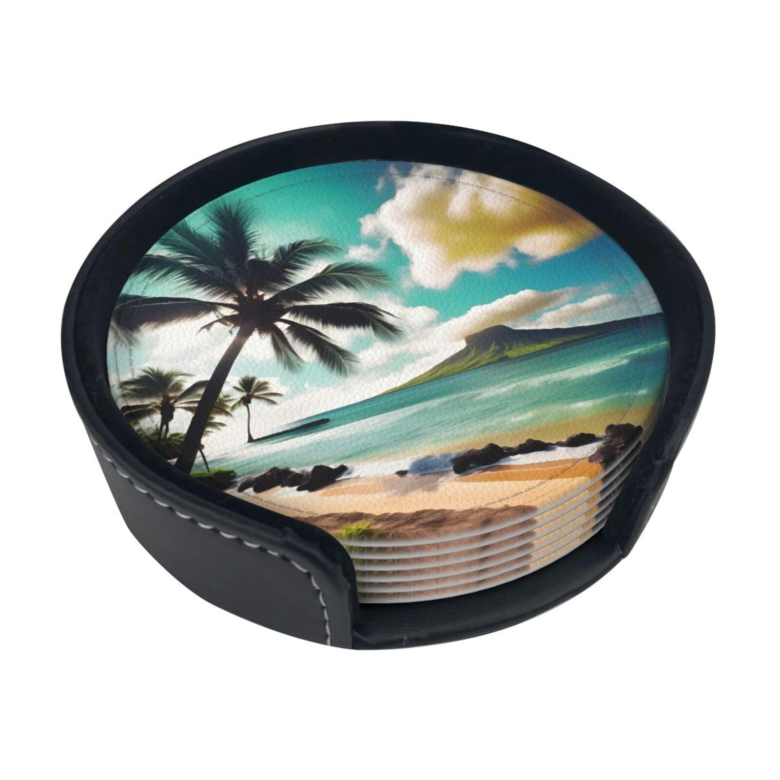 Tropical Beach Palms Print Round Coasters Set Of 6,Coaster For Tabletop Protection Home Bar Decor