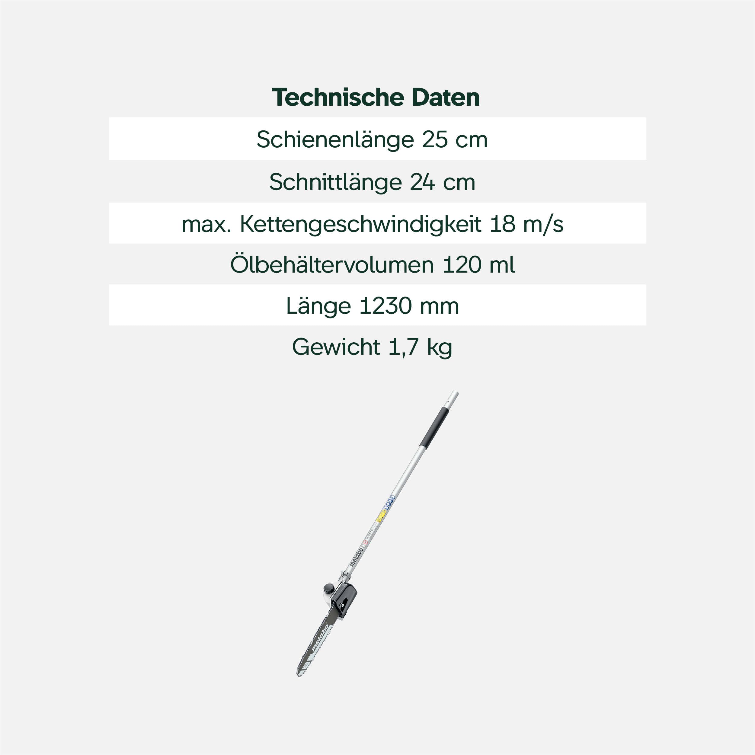 metabo Hochentaster-Aufsatz MA-MS 25, 25 cm Schiene, 18 m/s Kette | Passend für MA 36-18 LTX BL Q, automatische Kettenschmierung, Quick-Schnellkupplung, ohne Akku und Ladegerät