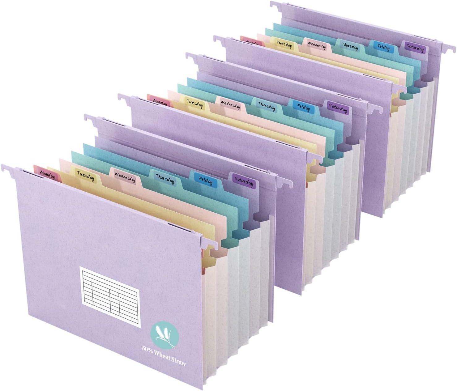 Expanding Hanging File Folders for Filing Cabinet, 7 Accordion Pockets, 1.2'' Expandable, Multi-Color Tabs, Letter Size, 50% Wheat Straw, 3 Pack (Lavender)