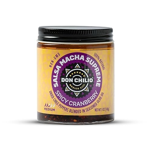 Don Chilio Aceite de chile picante Salsa Macha de arándanos, 5 onzas, chiles secos Pasilla & Arbol, delicioso sabor picante, 100% aceite de oliva,