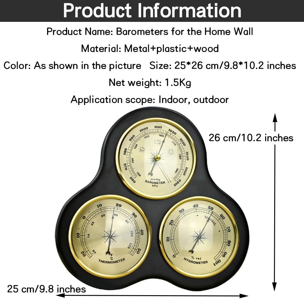 VINGAA Barometer, barometrisches Manometer für Zuhause, Barometer, Thermometer, Hygrometer, mechanische analoge Wetterstation, für Wohnzimmer, Schlafzimmer, Büro