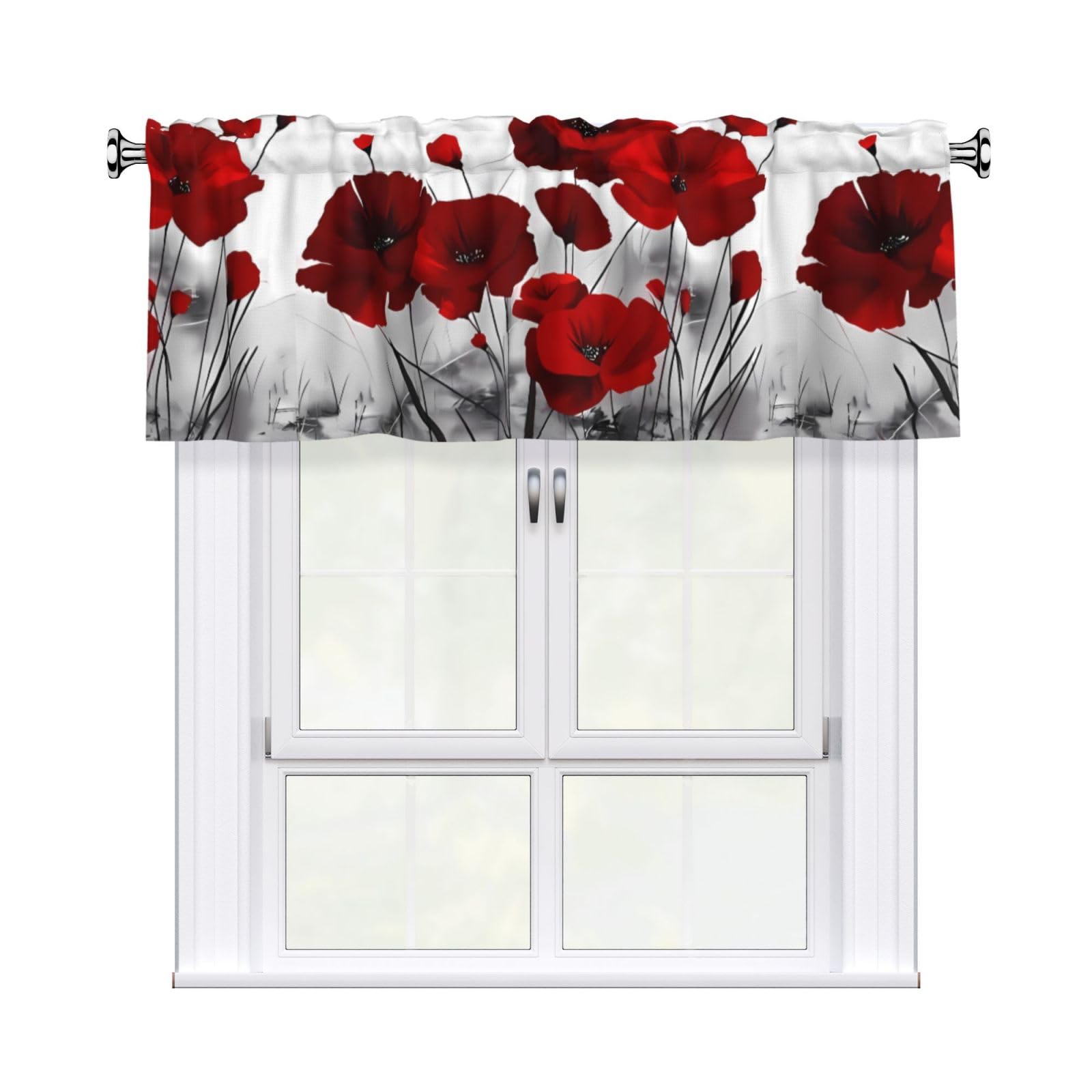 Yugtaee Red Poppy Flower Printed Curtain With Short Pole, 54X18in For Kitchen, Bathroom, Laundry Room, And Studio Windows, Featuring A Light Filtering