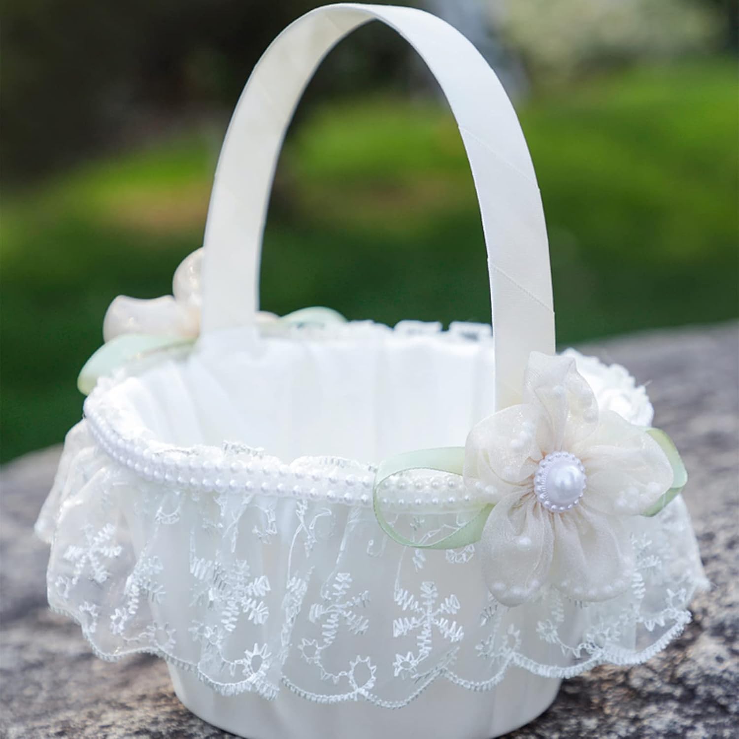 FQQWEE 2 Pcs Small Flower Girl Basket for Weddings Ivory Flower Girl Basket Decorated with Lace Pearl Satin Flower Wedding Basket for Flower Girl Rustic Wedding Flower Girl Basket Ceremony Decor