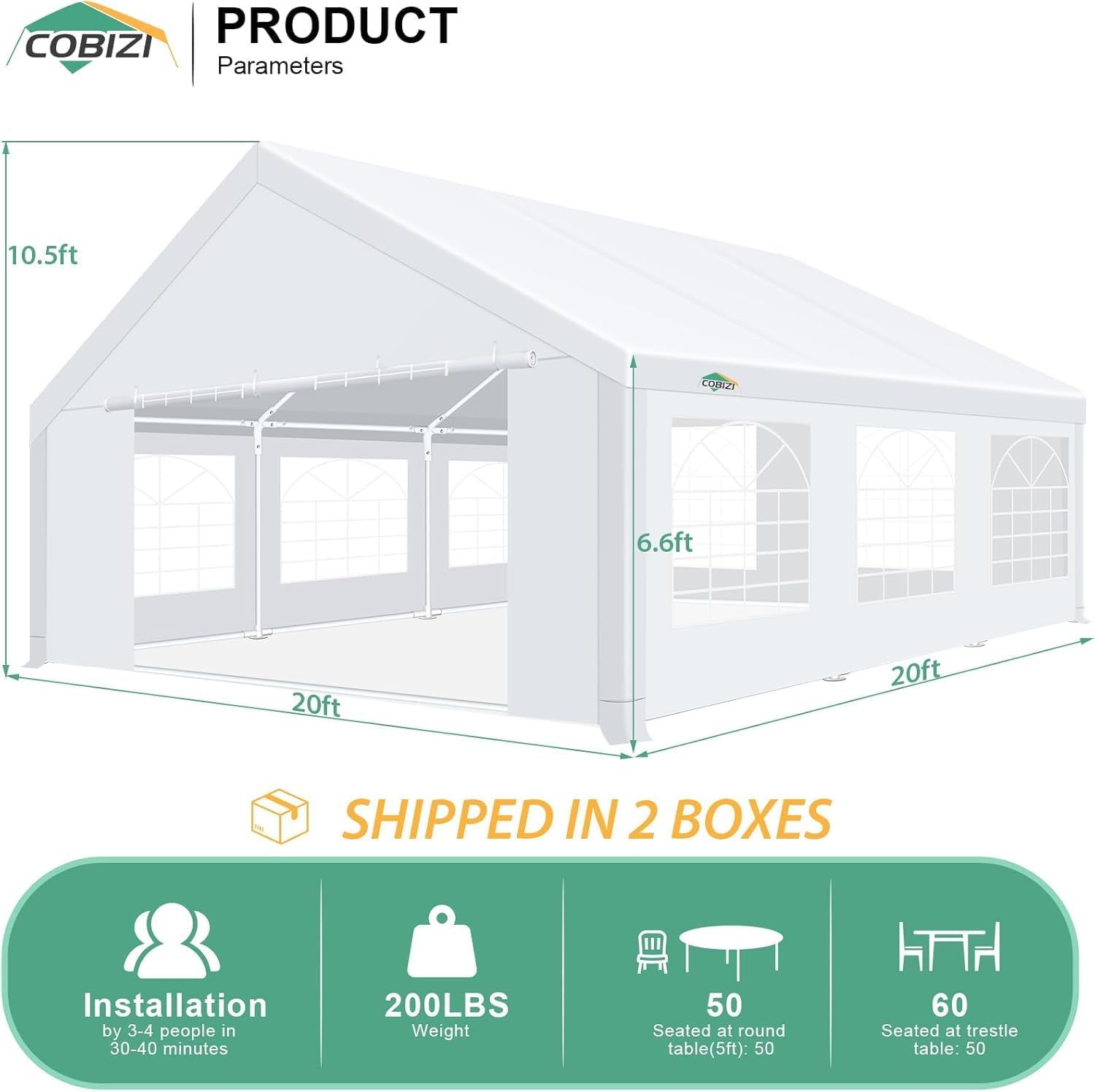 COBIZI 20x20ft Party Tent Heavy Duty with 8 Sidewalls, Wedding and Event Canopy & Carport, Carpas para Fiestas with Built-in Sandbag, Waterproof, UV50+, White