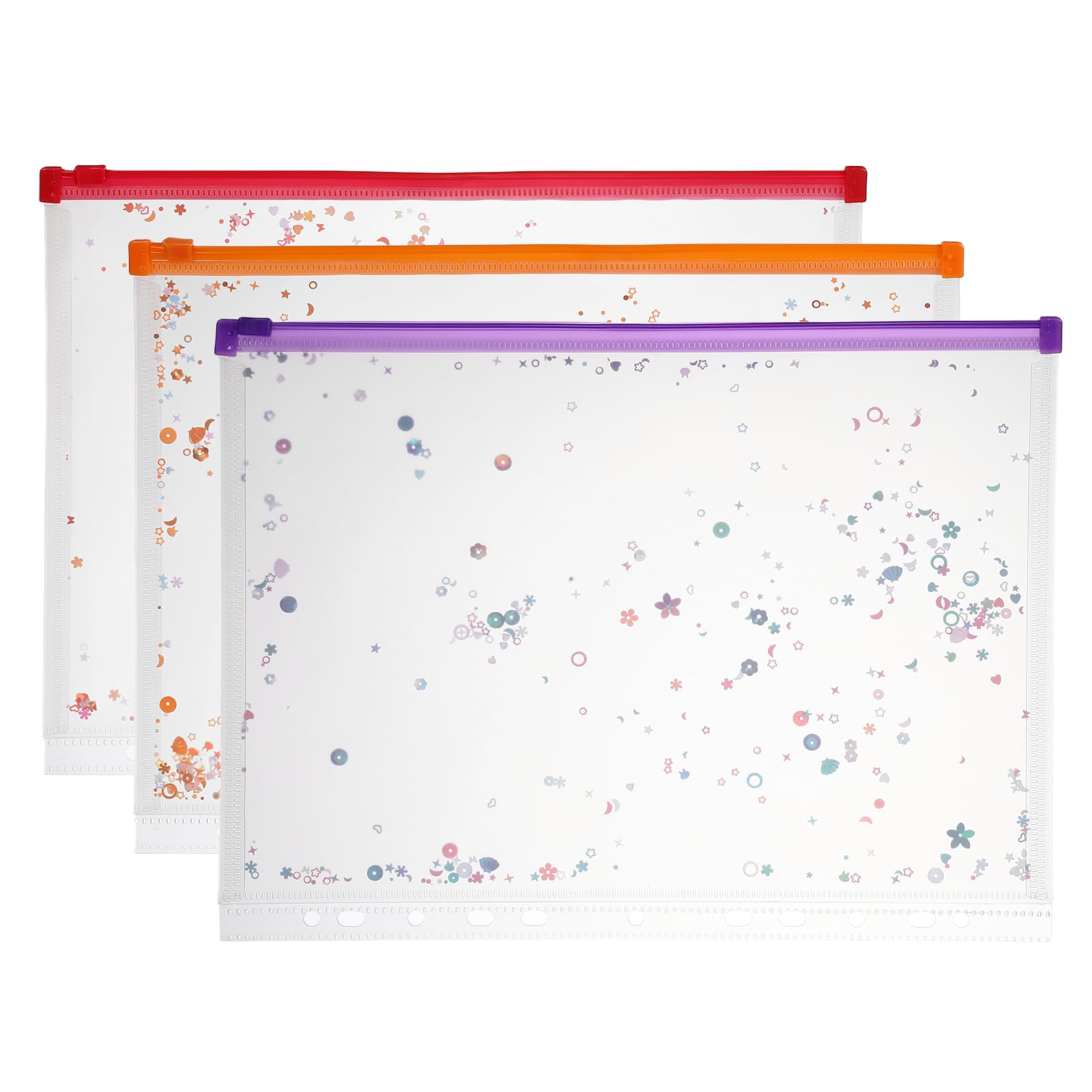 PATIKIL 3Pcs A4 Plastic Binder Zipper, Binder Pockets 12 x 9 Clear Envelope Folders Planner Waterproof Pouch Filing with Sequin Decor for Document Organizer, Red/Bright Orange/Purple
