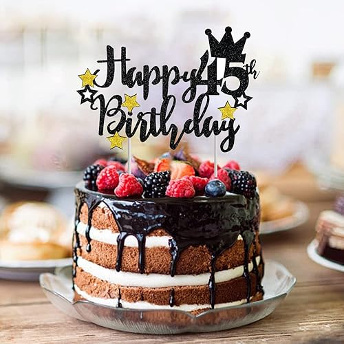 Miniatura 5 de Decoración para tarta de cumpleaños de 45 años, estrella negra con purpurina 45 y fabulosa selección para pastel de cumpleaños 45, aniversario,