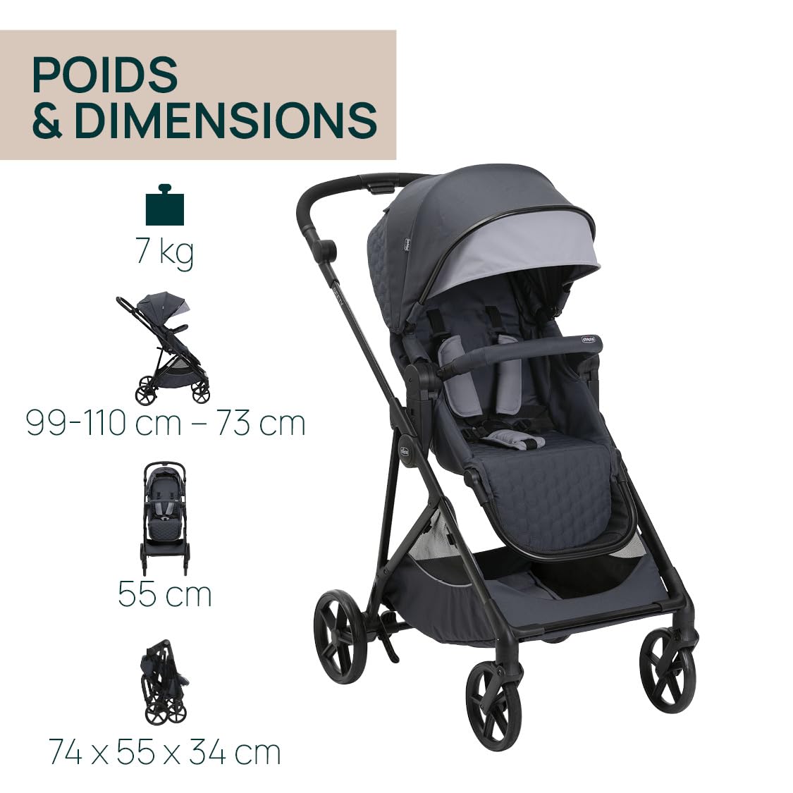 Chicco Poussette Seety, Poussette Bébé Légère et Compacte de 0 Mois à 4 Ans, Capacité de Charge Maximale de 22 kg, Poussette Pliable, Dossier Inclinable, Pliage Automatique en 1 Étape, Canopy