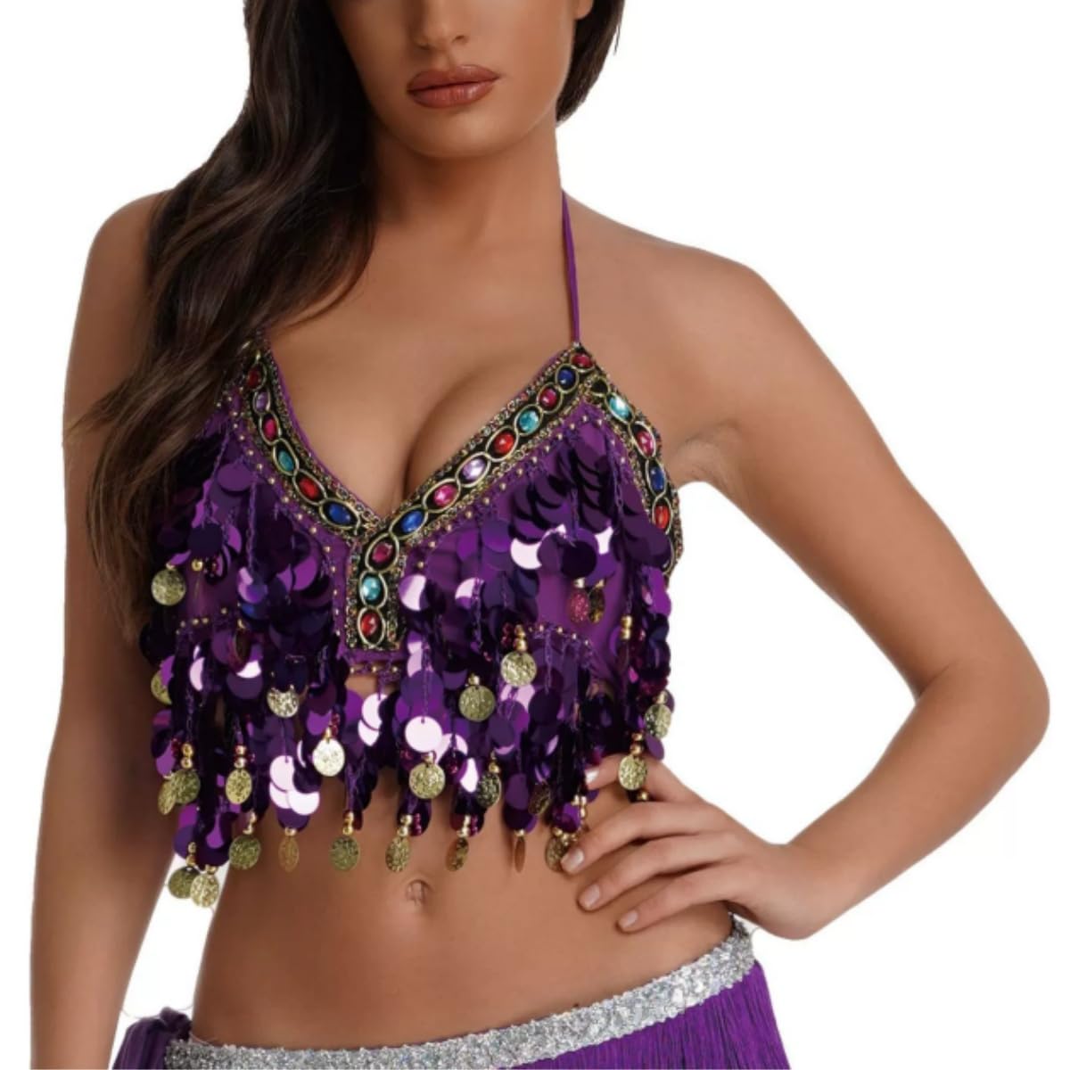 Samheng Women's Purple Sequined Latin Belly Dance Bra Top, Glittery Sequins Halter Neck Fringe Tassel Latin Belly Dance Crop Tops, Sexy Strappy Backless Tube Top Tank For Party Club Carnival Clubwear Rave Outfits