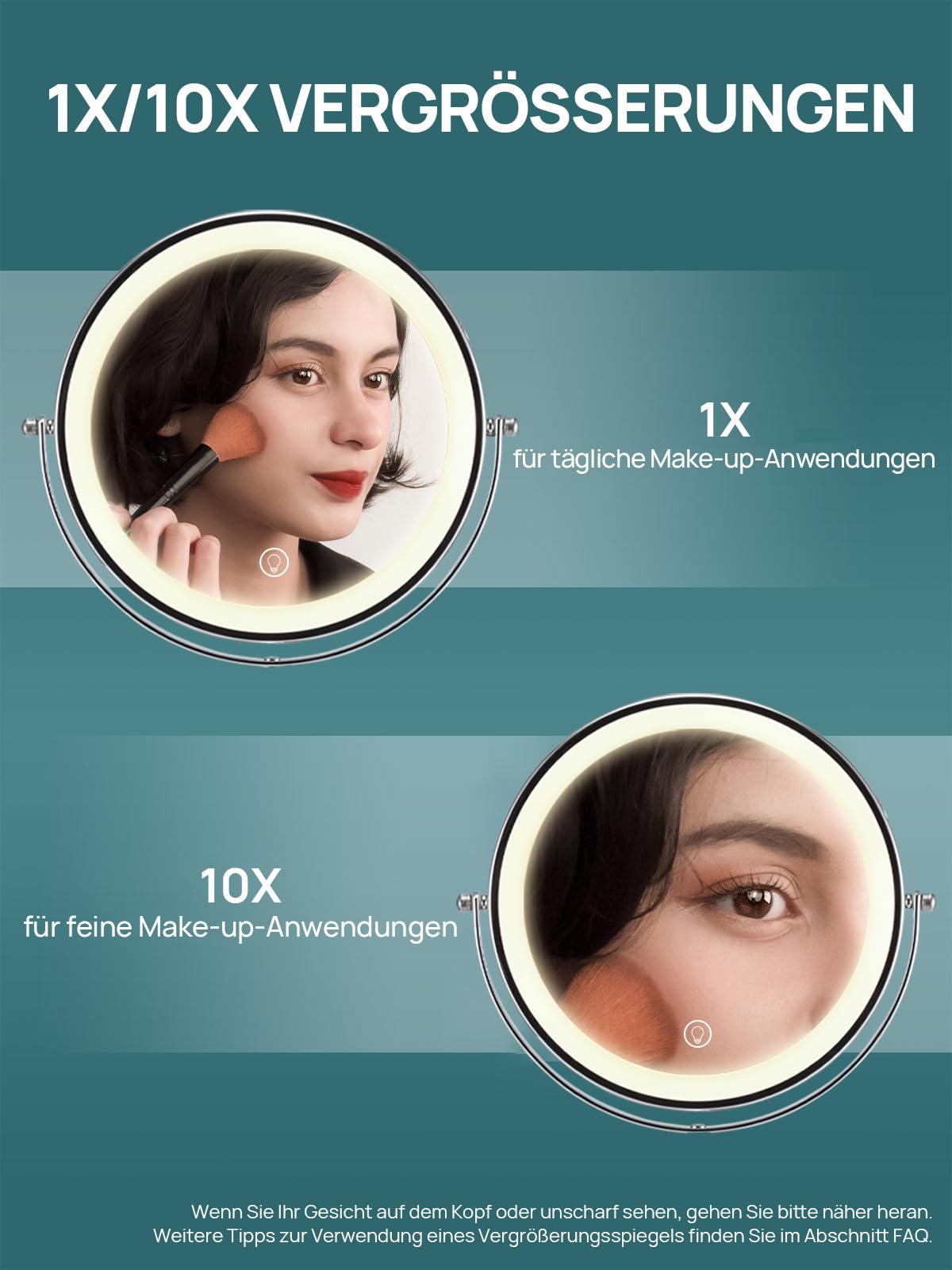OMIRO 1X/10X Vergrößerungs Make-up Spiegel mit Lichtern, 21 cm Doppelseitiger Schwenkbarer Kosmetikspiegel mit Höhenverstellbarem Ständer (Silber)