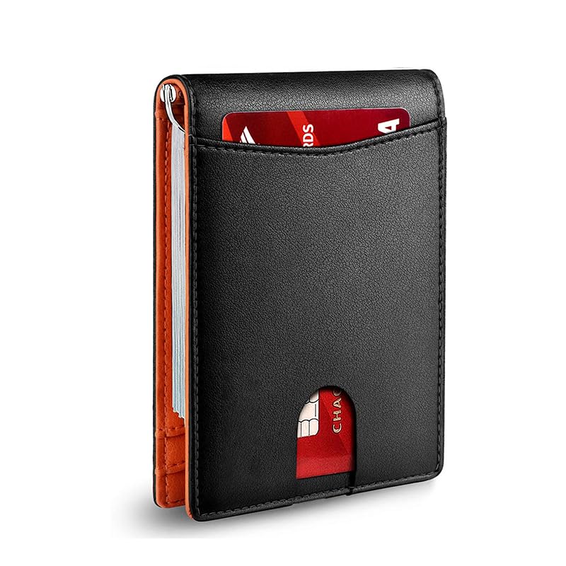 Men's RFID Blocking Leather Card Holder - Slim Minimalist Wallet with Money Clip for Cash & Cards (Orange)2