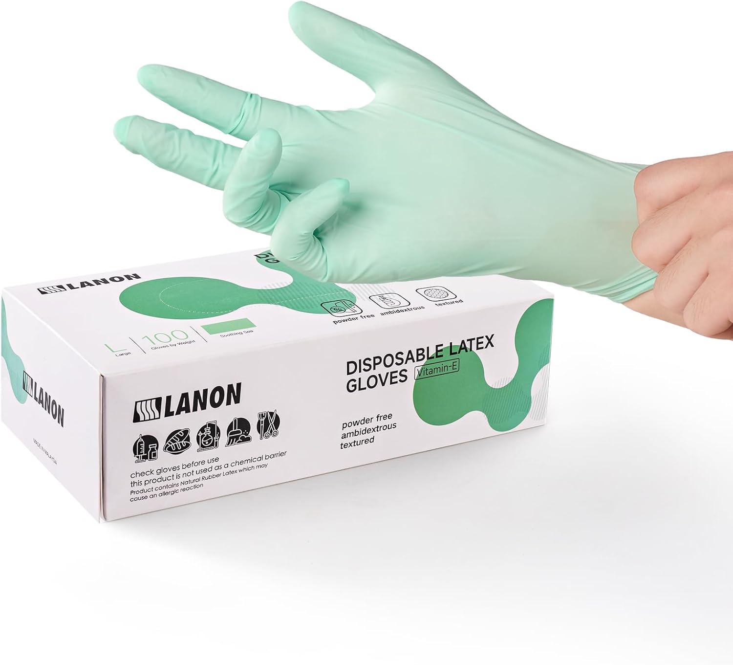 LANON 5 mil Vitamin-E Coated Latex Disposable Gloves, Food-Contact Grade, Fully Textured, Green, Small LANON 5 mil Vitamin-E Coated Latex Disposable Gloves, Food-Contact Grade, Fully Textured, Green, Small