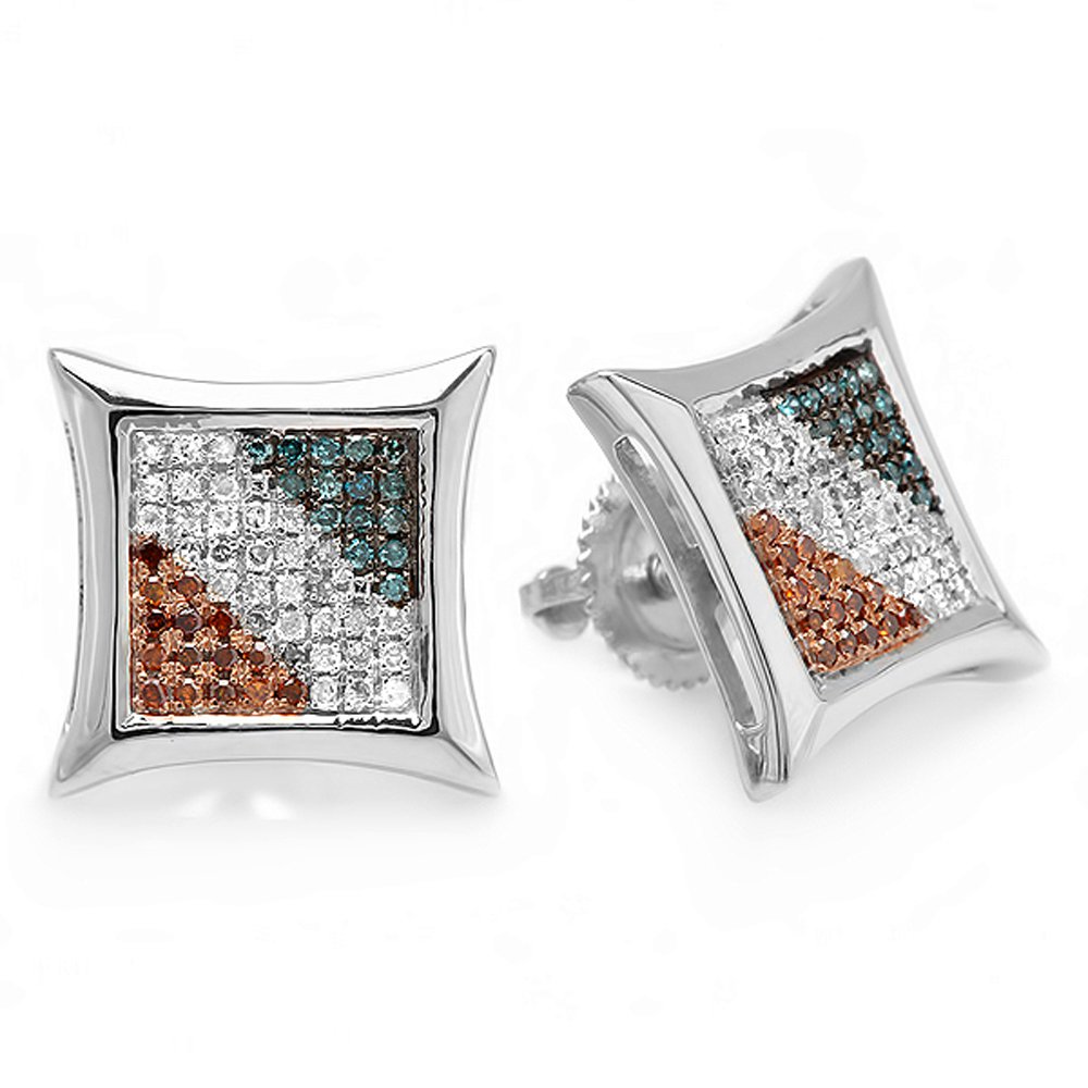 Dazzlingrock Collection 0.33 Carat Round Blue, White & Red Diamond 12.5mm Micro Pave Kite Hip Hop Iced Out Studs in 925 Sterling Silver, Screw Back, Unisex Design Ladies, Mens Real Diamond Earrings