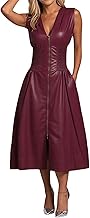 Robe Cuir Sexy PU Longue Femme Chic et Elegant Eté Col V Elégant Couleur Unie Genou Volants Taille sans Manches Décontractée Casual Swing Taille élastique A-Ligne Robes