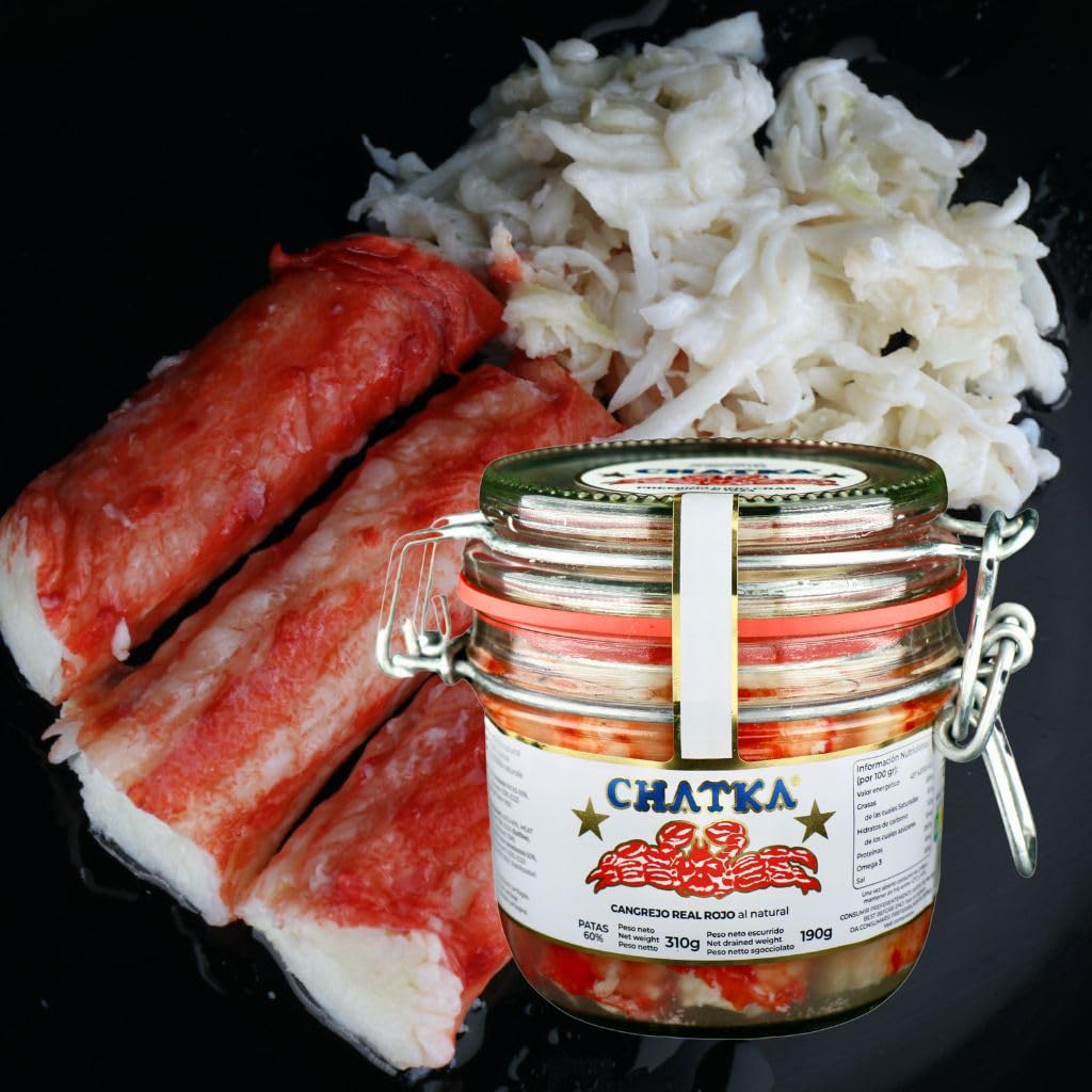 Chatka. Conserva en bote de cristal con 60% patas de auténtico cangrejo real rojo y carne desmigada (190 gram)