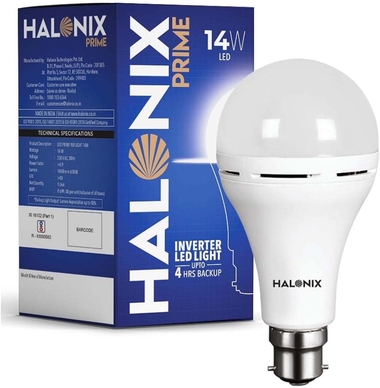 Halonix 14W Emergency Bulb | Rechargeable For Power Cuts Backup : 4Hrs Cool Day Light Pack Of 1 Light, B22D, Led