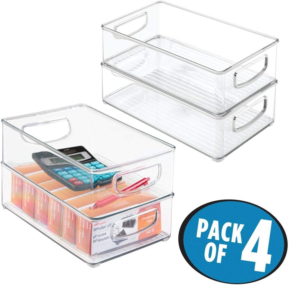 mDesign Stackable Plastic Home Office Storage Organizer Container with Handles for Cabinets, Drawers, Desks, Workspace - BPA Free - for Pens, Pencils, Highlighters, Notebooks - 6" Wide, 4 Pack - Clear : Office Products