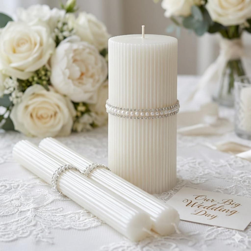 Unity Candle Set - Wedding Ceremony & Reception – 6” Pillar & Two 10” Taper Candles – Long Burning Unity Candles for Marriage Ritual – Handmade in USA – King|White