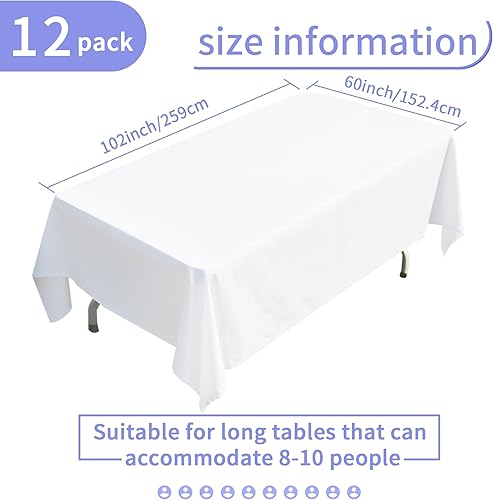 Miniatura 6 de BIGTONE Paquete de 12 manteles rectangulares blancos de 60 x 102 pulgadas, manteles de poliéster para mesas de 6 pies con embalaje de cinta cruzada,