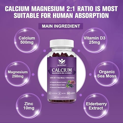 Miniatura 3 de Gomitas de calcio y magnesio y zinc con vitamina D3, suplemento de calcio complejo de alta absorción con musgo marino, saúco para huesos, músculos,