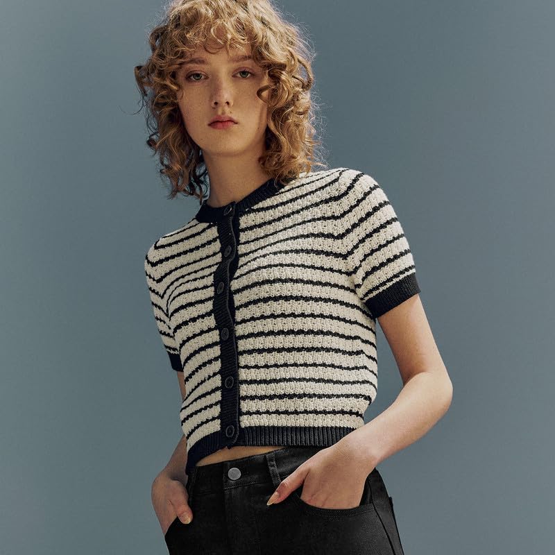 Womens Short Sleeve Summer Cardigan Button Down Sweater Casual Crew Neck Striped Top Trendy2