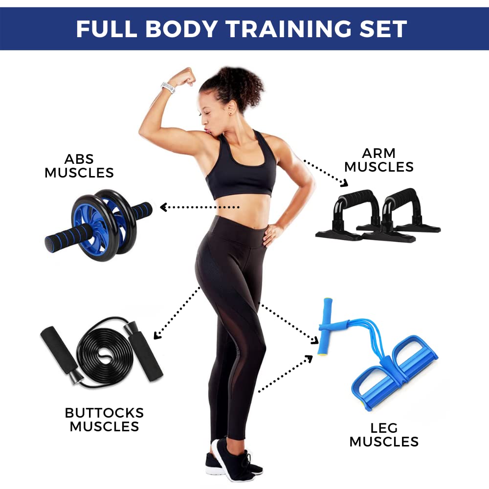 Kit allenamento con rullo addominali, corda elastica di resistenza con pedali e tappetino per ginocchia, set fitness 5 in 1 esercizi in casa e palestra. K4706
