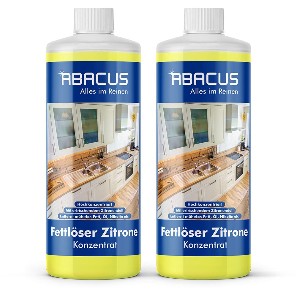 ABACUS® Fettlöser Zitrone Konzentrat, Zitronen Allzweckreiniger Konzentrat, Küchenreiniger, Kraftreiniger, Universalreiniger, Nikotinentferner – Fettlöser Zitrone Konzentrat 2x 1000 ml (7699.2)