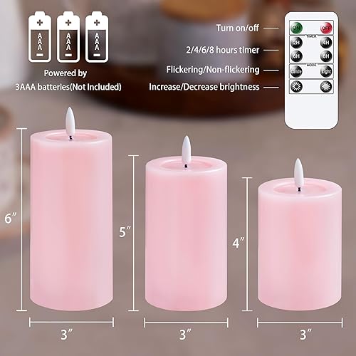 Miniatura 4 de Yeelida Velas sin llama parpadeantes de pilar con efecto de grasa de vela, paquete de 3 LED rosas, batería operada, temporizador de 2468 horas,