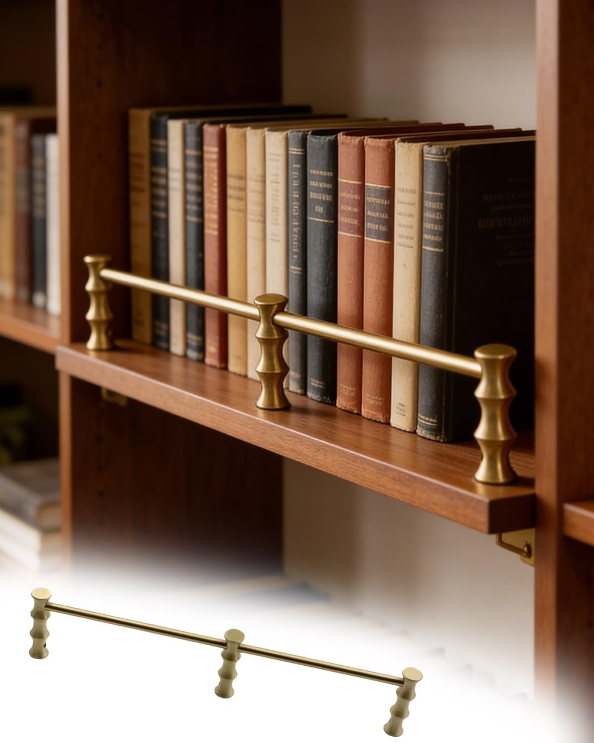 Wood Shelf Ledge Bar Aged Brass, Closet Bookshelf Edge Tipping Rails with 3 Spindles, Floating Shelves Organizer Fence(19.6in (50cm))