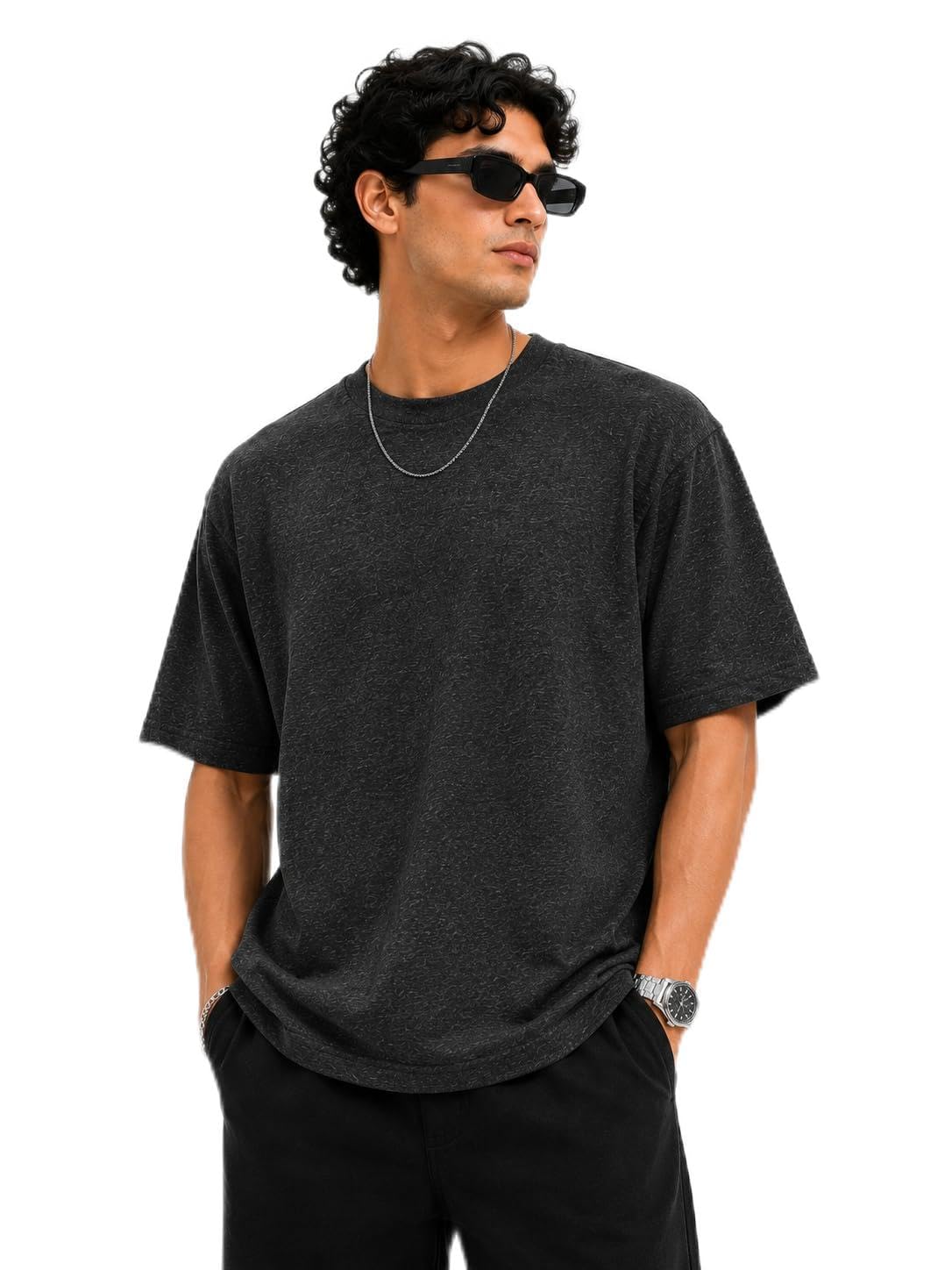 Men's Oversized Black T-Shirt | 100% Cotton Drop Shoulder Round Neck Half Sleeve Casual Loose Fit Solid Plain Streetwear Tee for Men & Boys-picture-30