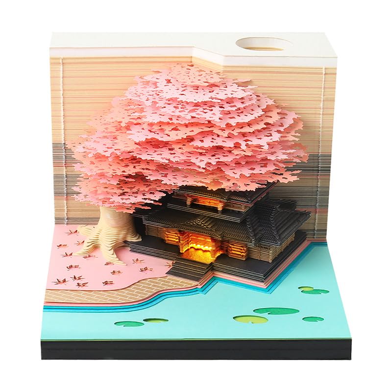 2025 Tree Desk Calendar with LED Lights 3D Memo Pad DIY Notes Notepad, 3D Art Calendar Paper Carving Gift House Sculpture Gift for School Home Office