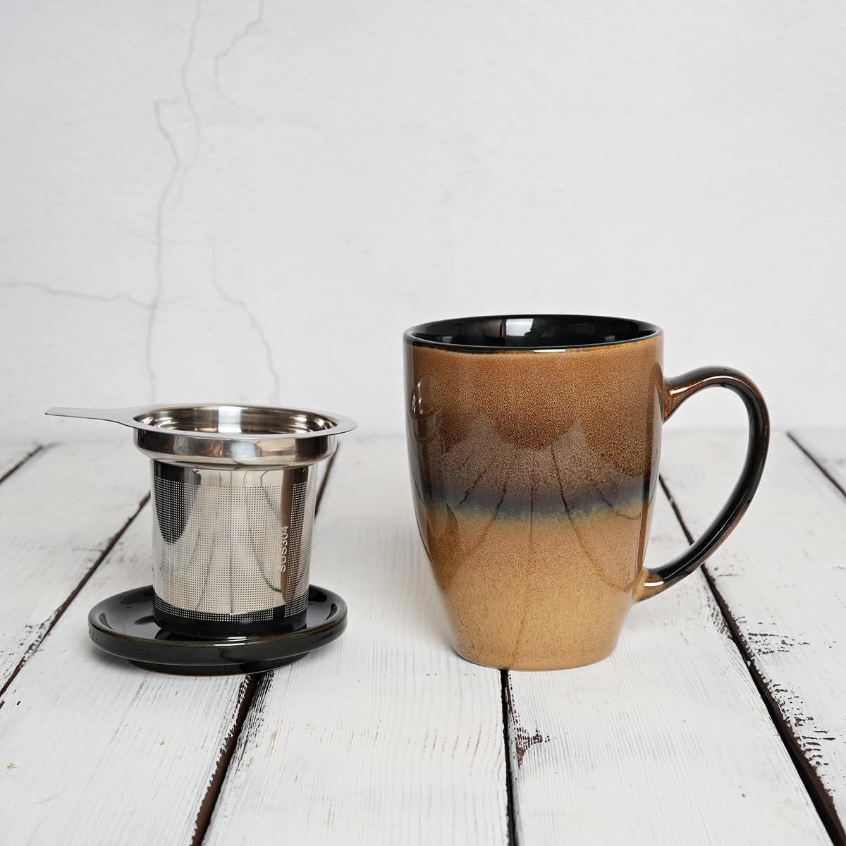 Bosmarlin Tasse à thé en céramique avec infuseur et couvercle, 382,7 g, 5 couleurs au choix, passe au micro-ondes et au lave-vaisselle, tasse à thé avec passoire, glaçage réactif (noyer)