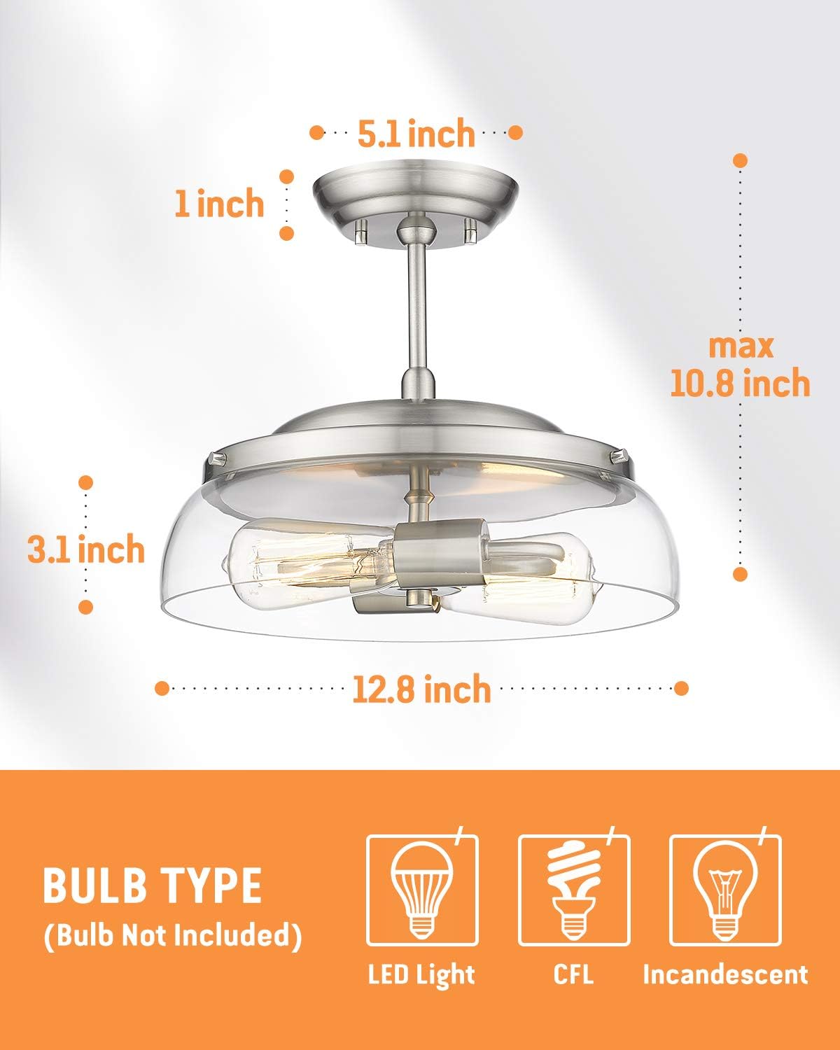 EAPUDUN Semi Flush Mount Ceiling Light, 2-Light Modern Light Fixture with Clear Glass Shade, Brushed Nickel Finish for Hallway Corridor Kitchen Bathroom Bedroom Passway, SMA1124-BNK