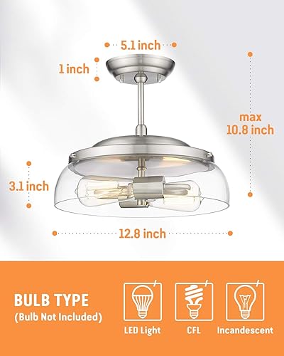 Miniatura 6 de EAPUDUN SMA1124-BNK - Lámpara de techo semiempotrada, lámpara moderna de 2 luces con pantalla de vidrio transparente, acabado de níquel cepillado