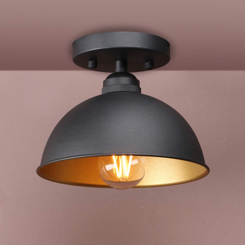 Yosoan Semi Flushmount Vintage Industrial Ceiling Light, 1-Light Industrial Mount Metal Fixture Lighting with 8.1" Black Bowl Metal Shade Build-in Gold Color and 4.7" Canopy Lamp