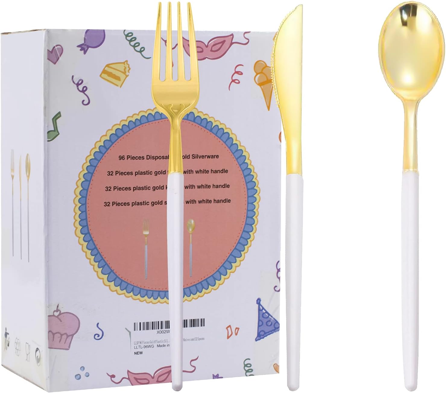LLSF 96 Pieces Gold Plastic Silverware, Disposable Flatware with White Handle, Gold Plastic Cutlery Includes: 32 Forks, 32 Knives and 32 Spoons For Wedding and Party