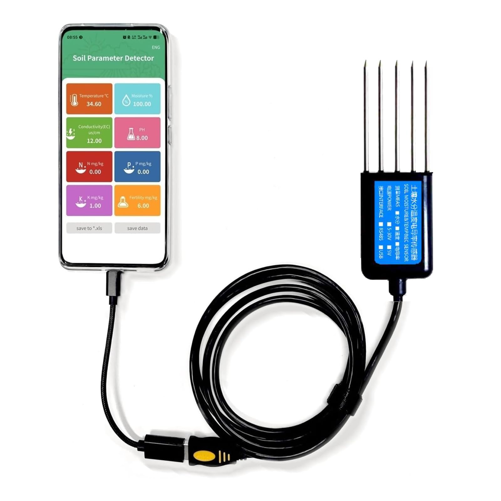 Analizador De Suelos, Medidor Digital Usb Para Análisis De Suelos, Medidor De Nitrógeno, Fósforo, Potasio, Npk, Ph, Humedad, Ec Para Aplicación Android, Prueba De Fertilidad Del Suelo Para Jardín