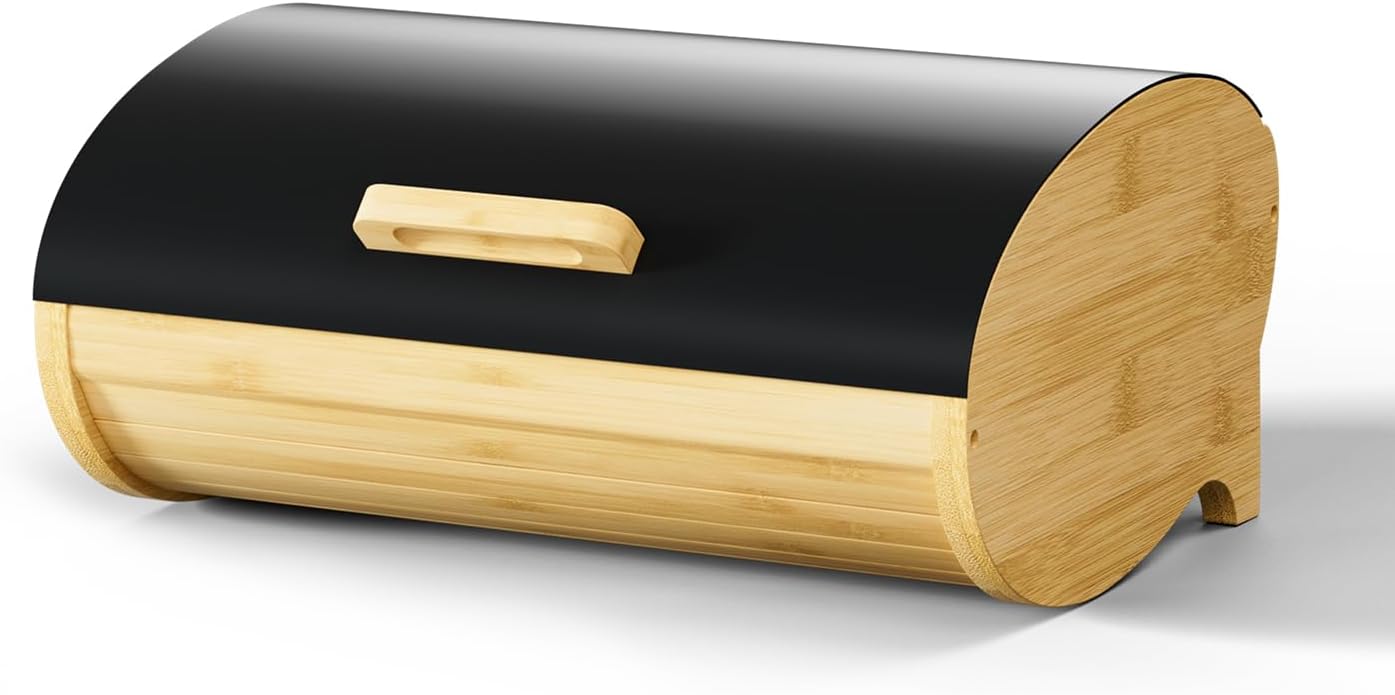 Modern Bread Box for Kitchen Countertop, Bamboo Storage Container with Stainless Steel Lid, Bread Storage Bin for Homemade Bread, Counter Organizer for Snack Tea Coffee Sugar (Black Large)